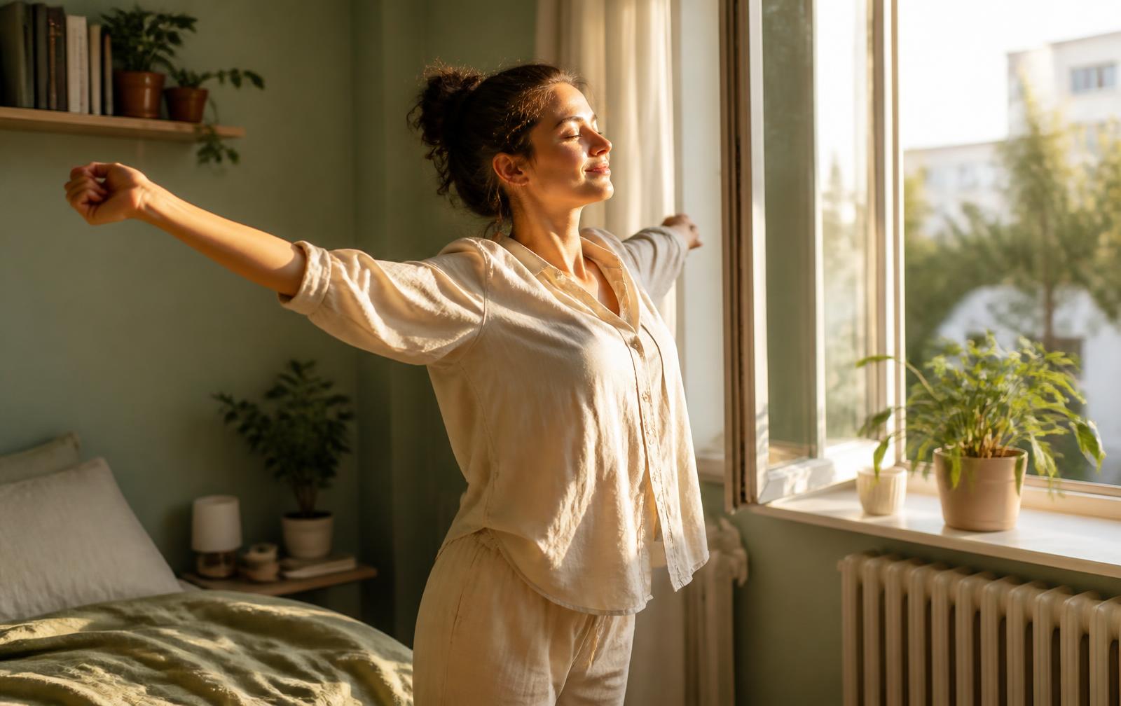 Femme qui s'étire face à la lumière du matin, retour de l'énergie après un burn-out